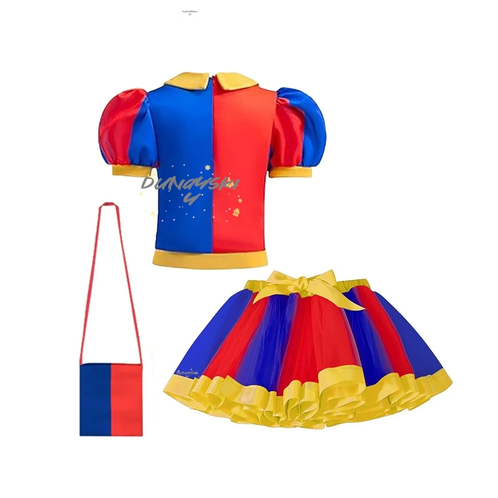 The Amazing Pomni Kinder Cosplay Kostüm Mädchen Prinzessin Digital Top + Tutu Rock + Tasche Kinder Halloween Karneval Sommerkleid