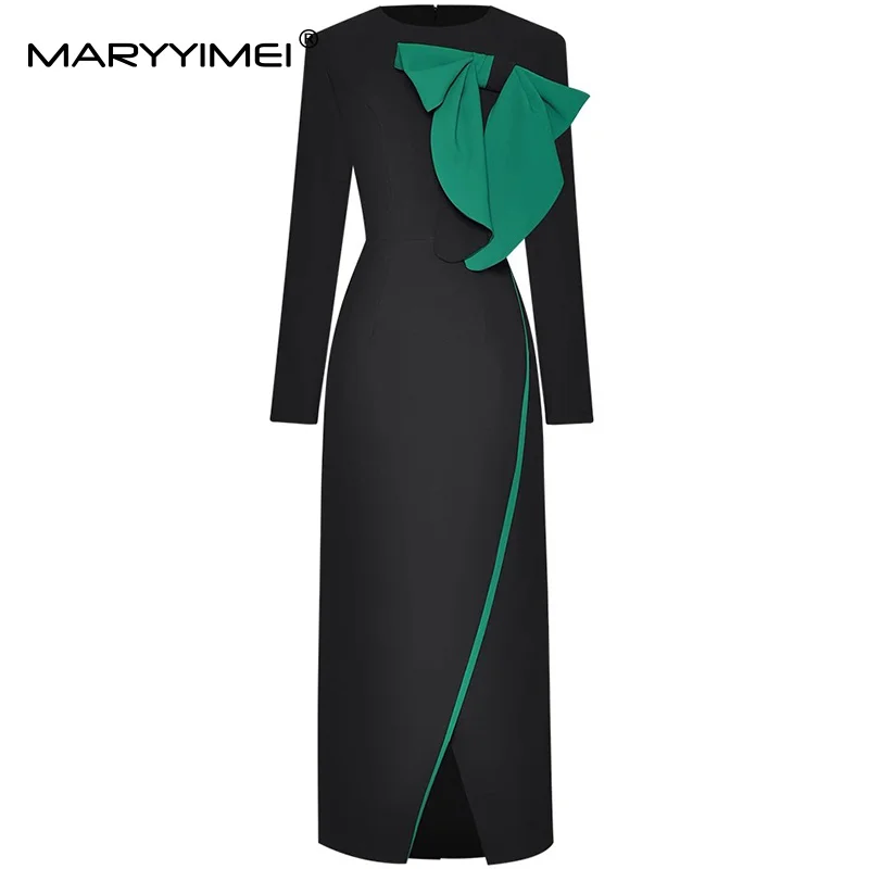 

MARYYIMEI Fashion Runway Summer Long Sleeve Maxi Dress Women's Bow Slim-Fit Hip Wrap High waist Side Split Dresses