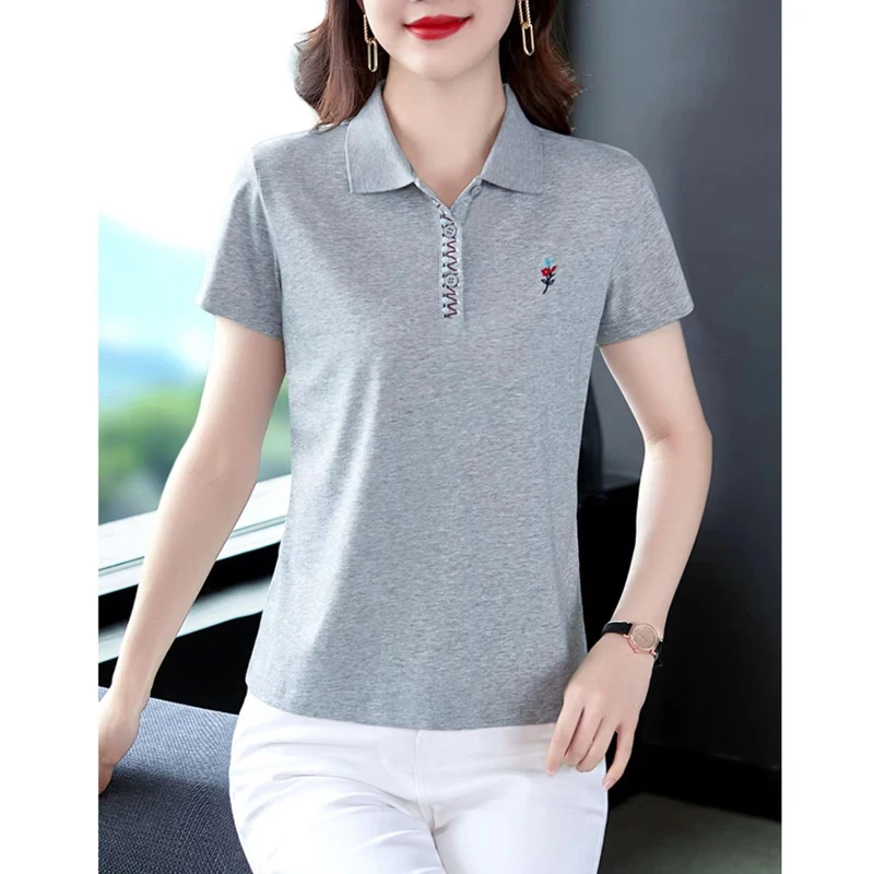 Women\'s Clothing 2024 New Summer Korean Fashion Embroidery Loose Tees Short Sleeve Polo Collar T-shirts Female Casual Solid Tops