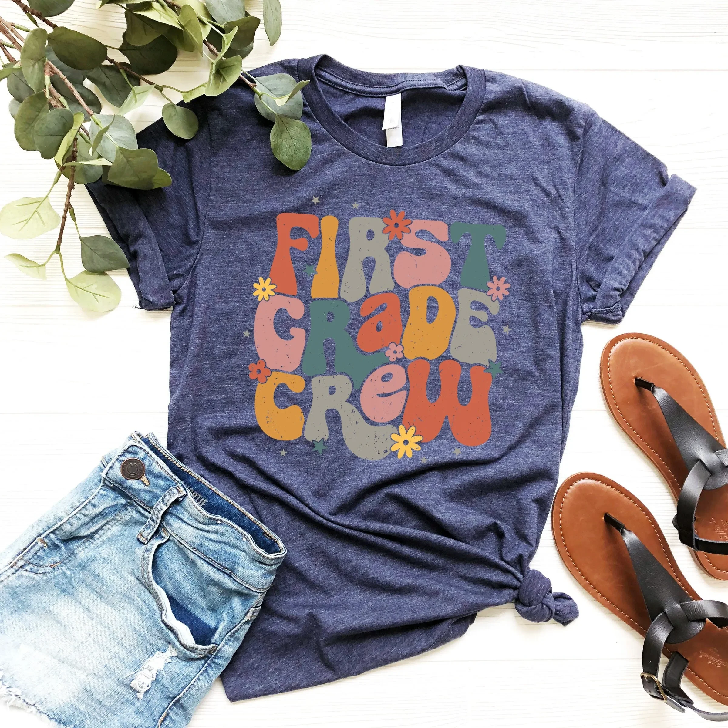 First Grade Crew T Shirt Retro Day of School Back To Teacher Outfit Teaching