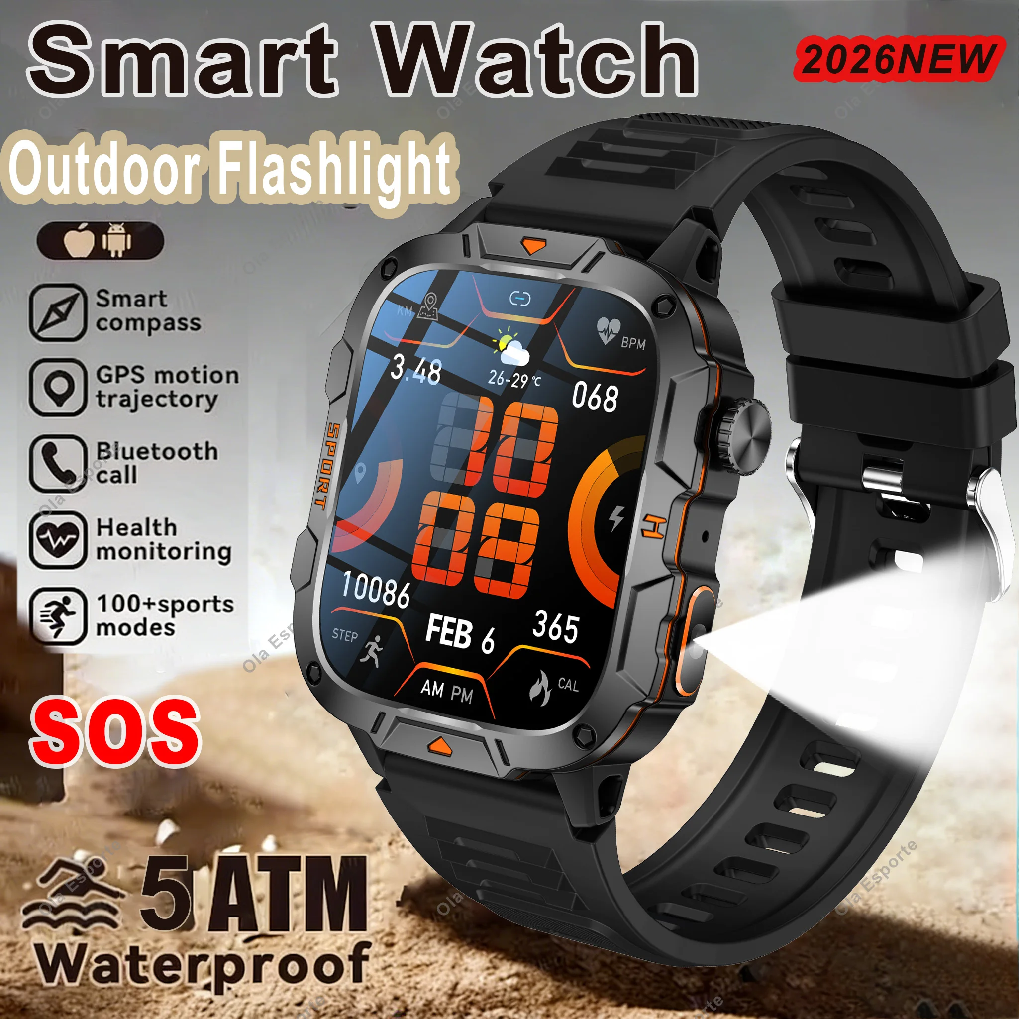 

Военный уличный светодиодный фонарик Смарт-часы GPS SOS BT Вызов Спортивный трекер Водонепроницаемые часы для мониторинга здоровья Цифровые умные часы