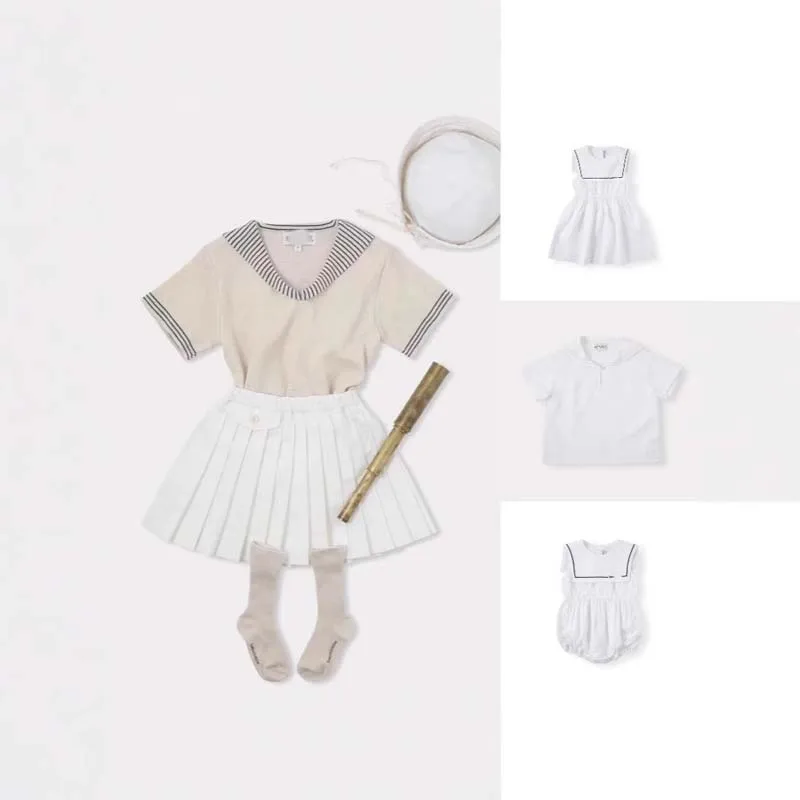 Pre-sale(ship in April) 2025 BEN Summer Shirts Girls White Shirts & Shorts Suit Toddler Girls Romper Birthday Navy Collar Dress