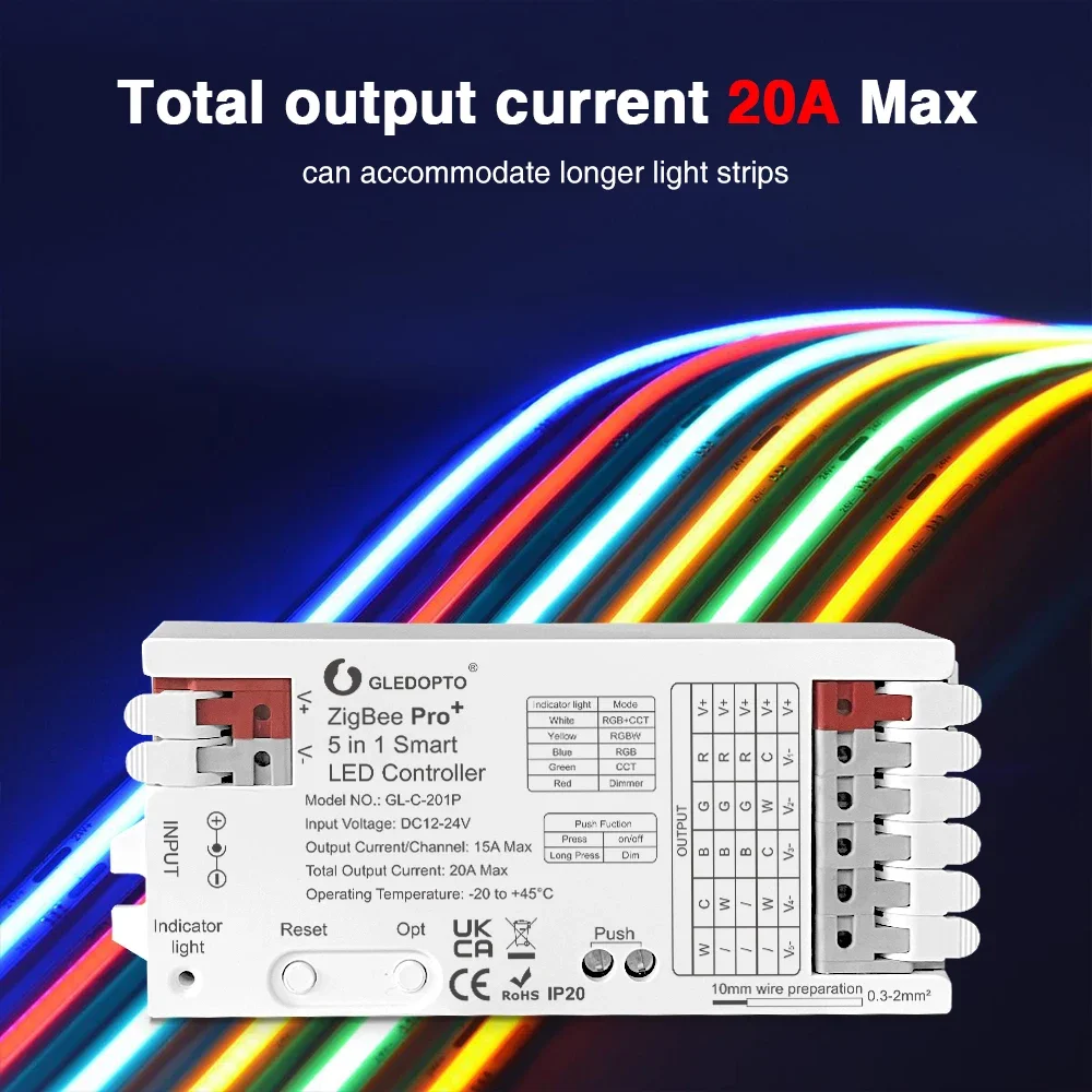 GLEDOPTO ZigBee 3.0 Pro+ 5 in 1 LED Strip Controller 20A Max RGBCCT/RGBW/RGB/CCT/Dimmer Alexa Homey Tuya Smart APP Voice Control