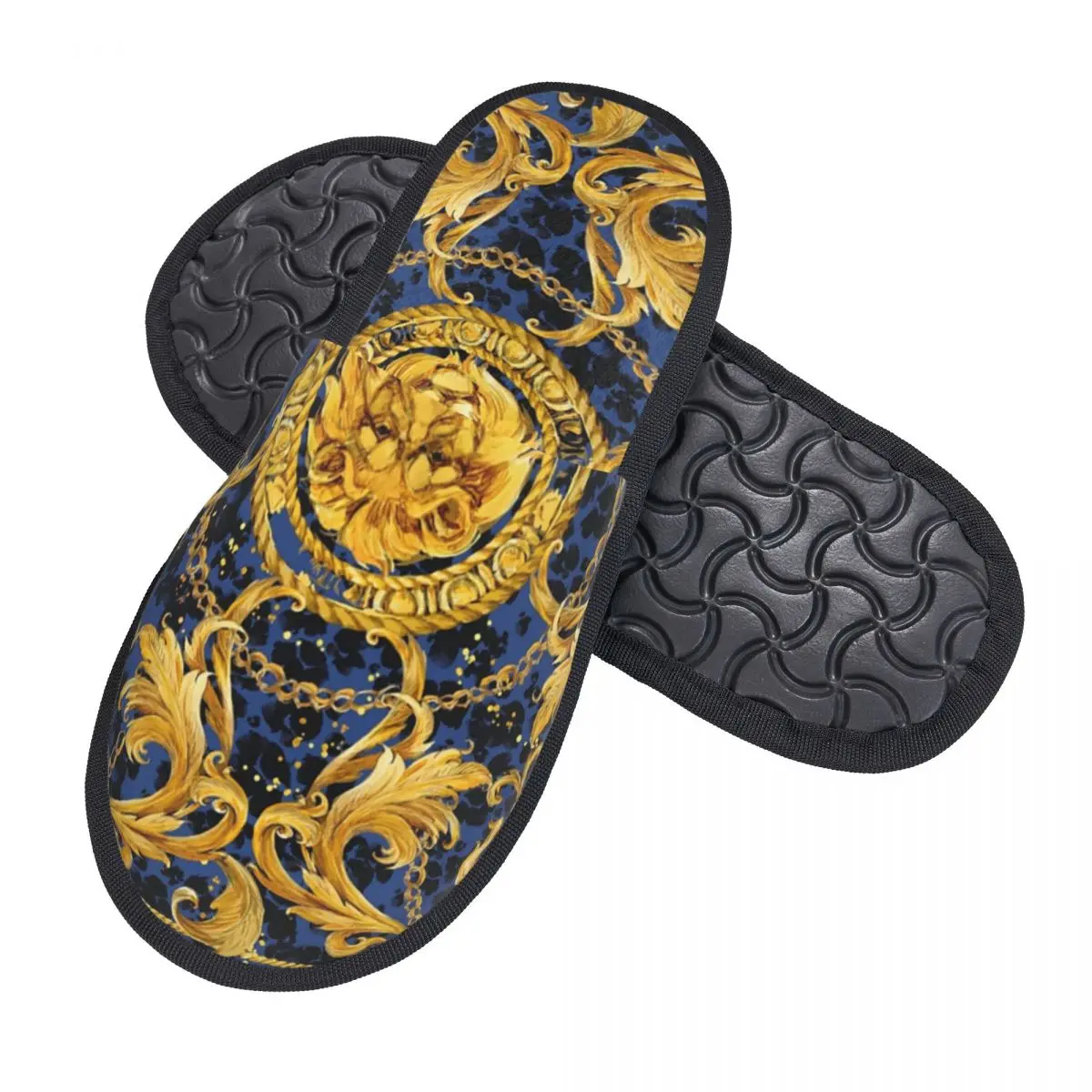 Custom Baroque Golden Lion And Damask House Slippers Women Comfy Memory Foam Slip On Spa Slipper Shoes