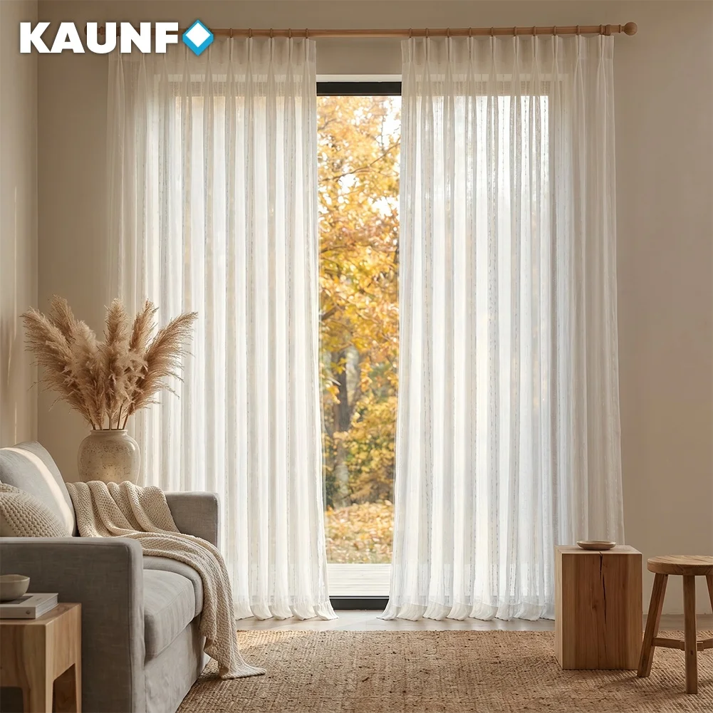Nordic Linen‑Texture Vertical Stripe Jacquard Sheer Curtain for Living Room Bedroom Light Filtering Transparent Home Decor