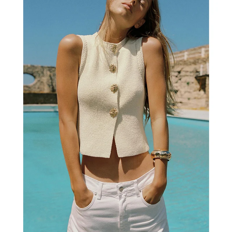 New Summer Women's Knitted Vest Top Golden Button round Ne Svel Simple Design Commute Sle ort Length Polyester Fiber