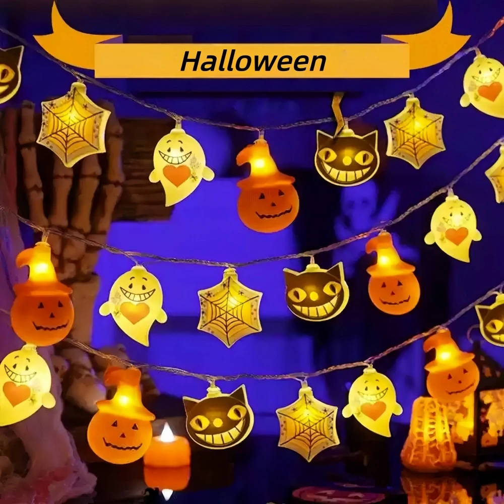 1PC 20/10LED Halloween Spider Web Ghost Pumpkin String Lamp,Battery Powered, Used for Horror Ghost Festival Holiday Indoor Decor