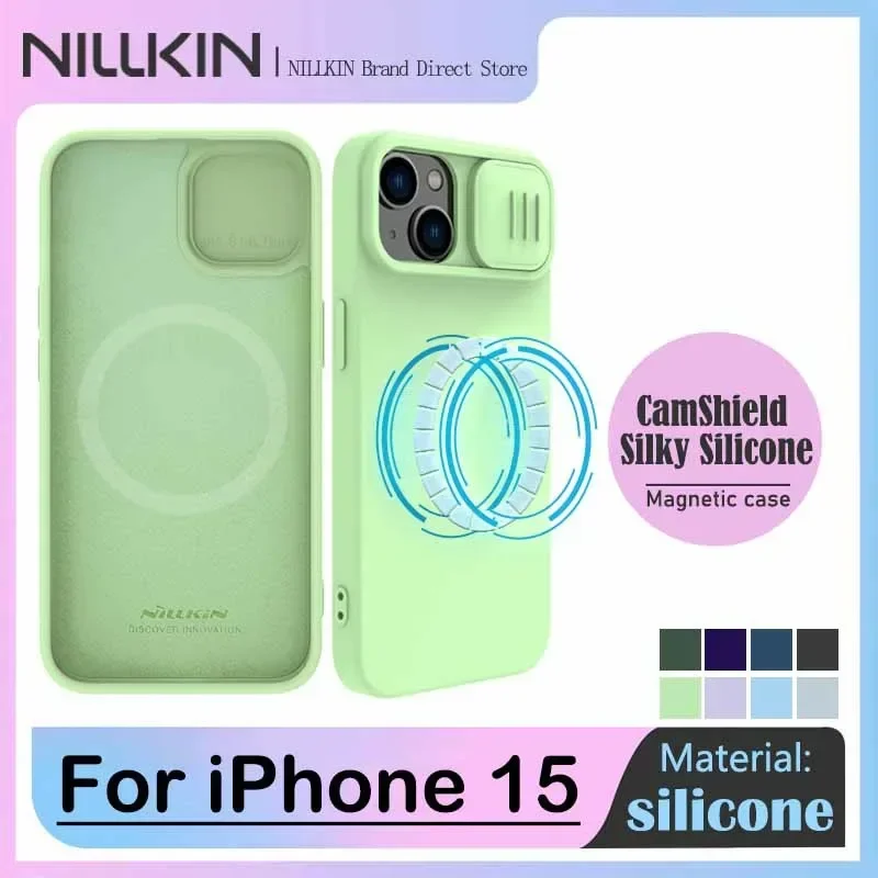 

Шелковистый силиконовый магнитный чехол NILLKIN-CamShield для iPhone 15, слайд-камера, защита объектива, мягкая силиконовая задняя крышка, MagSafe
