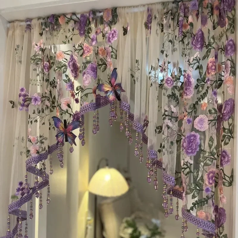 Luxury Embroidery Country Flower Lace Curtain for Kitchen Window Beaded Vintage Voile Farmhouse Triangle Valance Curtain