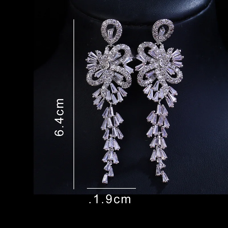 SISSLIA Zircon Full Drill Set Long Tassel Flower Earrings For women's Wedding Accessories