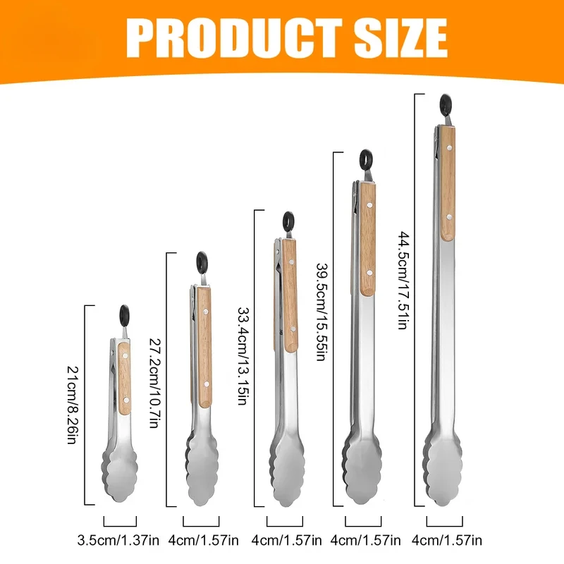 Leeseph Stainless Steel Food Tongs, Heavy Duty Kitchen Tongs with Wooden Handle for Cooking, Grilling and BBQ, 7-16 Inch Length