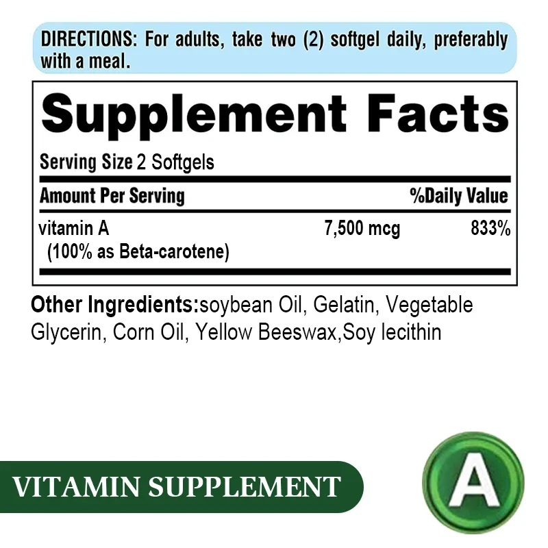 Carotene Capsules 7500mcg - Antioxidant, Promotes Skin and Eye Health, Relieves Eye Fatigue, Enhances Immune Function, Non-GMO