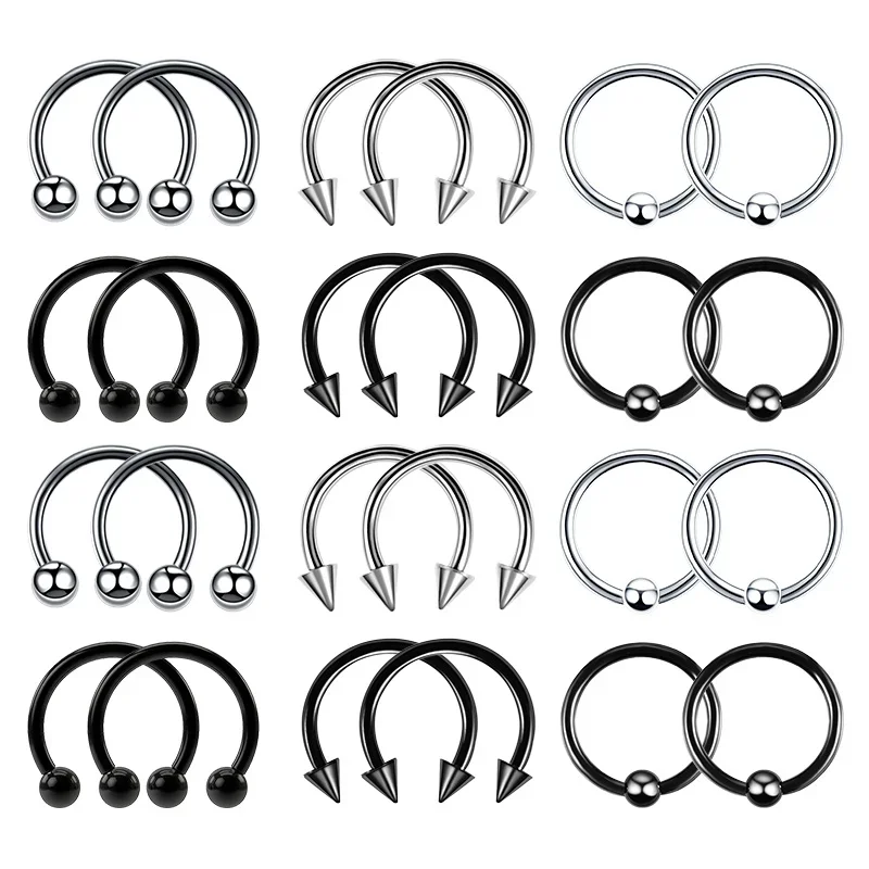 24pc 16G Multiuse Stainless Steel Piercing Rings - Hypoallergenic Horseshoe Hoops for Nose, Cartilage, & More