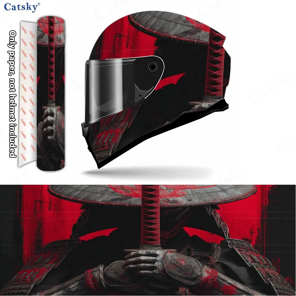 Red-patterned Samurai Print Helmet stickers , PVC Material Multifunctional Helmet Stickers, Scratch-Resistant & Fade-Proof, Easy