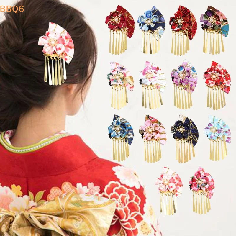 *Japanese Traditional Dress Kimono Robe Hair Clip Women Hairpin Faux Pearl Flower Fan Hair Decor Kids Girls Hair Accessories