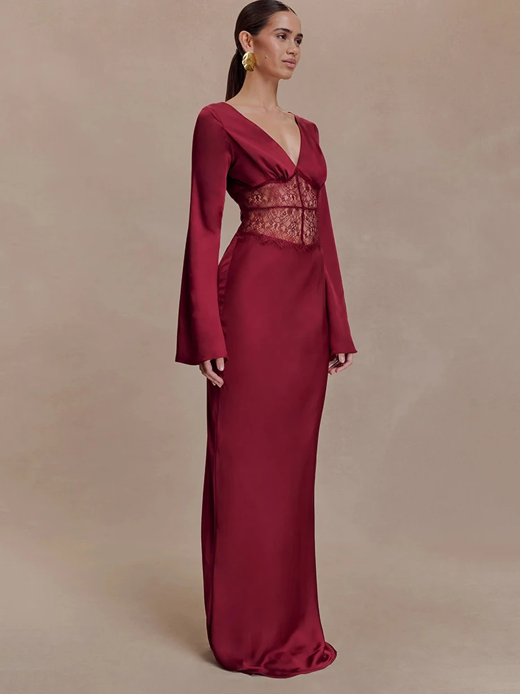 Sibybo – robe Maxi en Satin et dentelle pour femmes, décolleté en V profond, Patchwork, Sexy, manches longues, transparente, moulante, tenue de mariage, robes de soirée élégantes