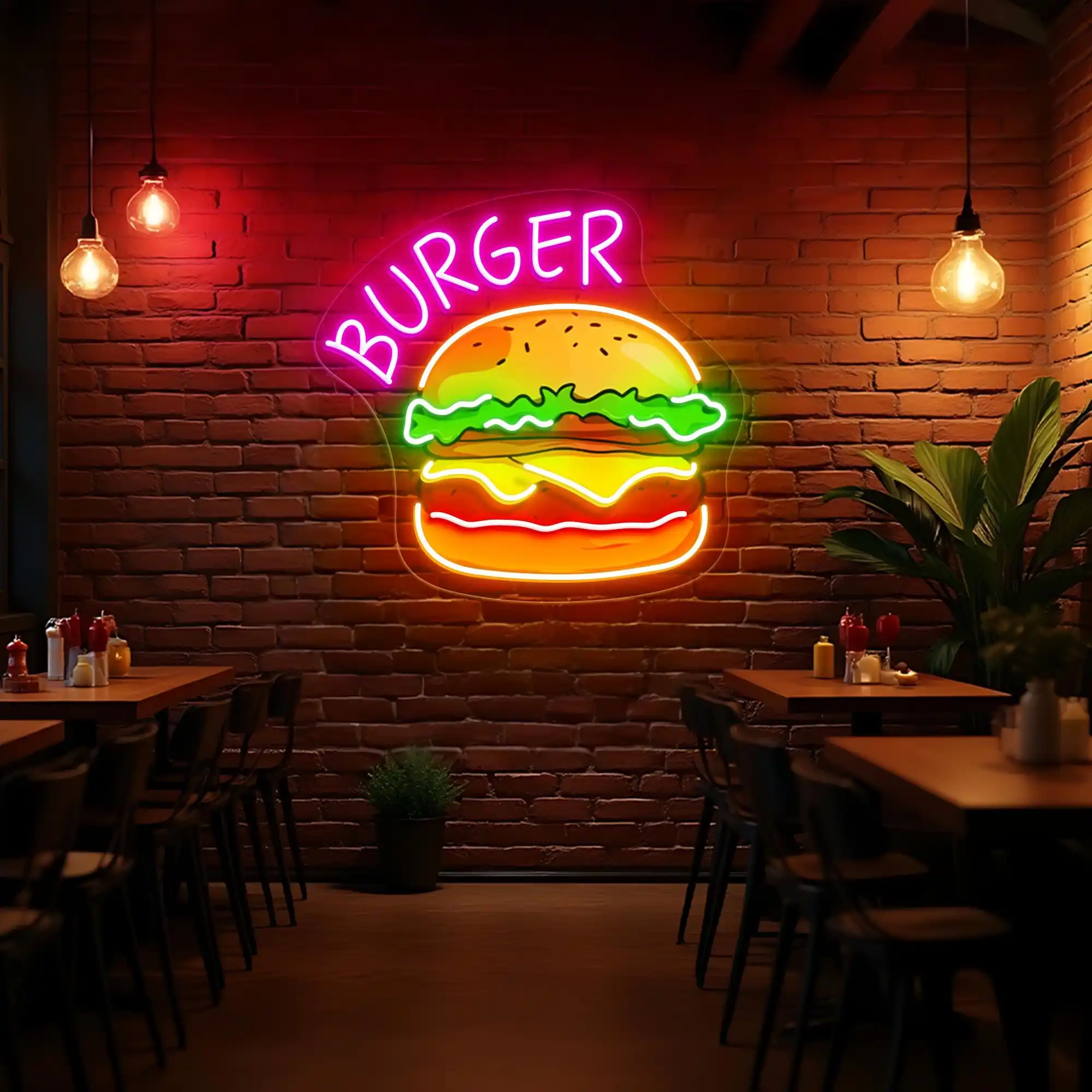 Burger Neon Sign Hamburger Fast Food Restaurant Wall Decor Kitchen Sign Business Burger Shop Wall Hanging