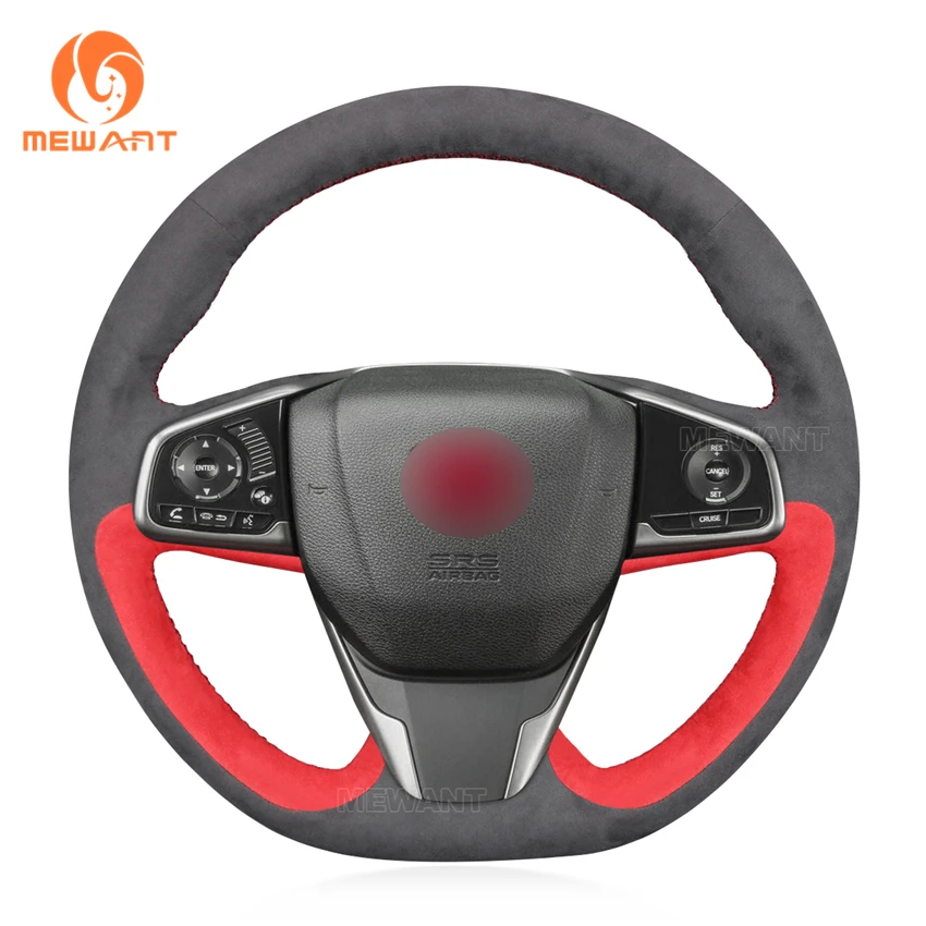 

MEWANT Red Alcantara Dark Gray Car Steering Wheel Cover for Honda Civic Type R X/10 2017 2018 2019 2020-2021 New Style Wrap