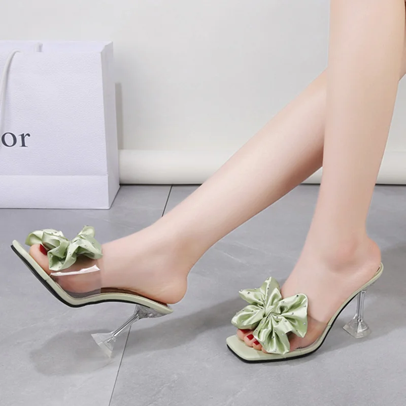 Luxury Crystal High Heels Women Slippers Summer 2022 Slides for Women Fashion Fine-heeled Open-toed Big Flowers Slippers Woman