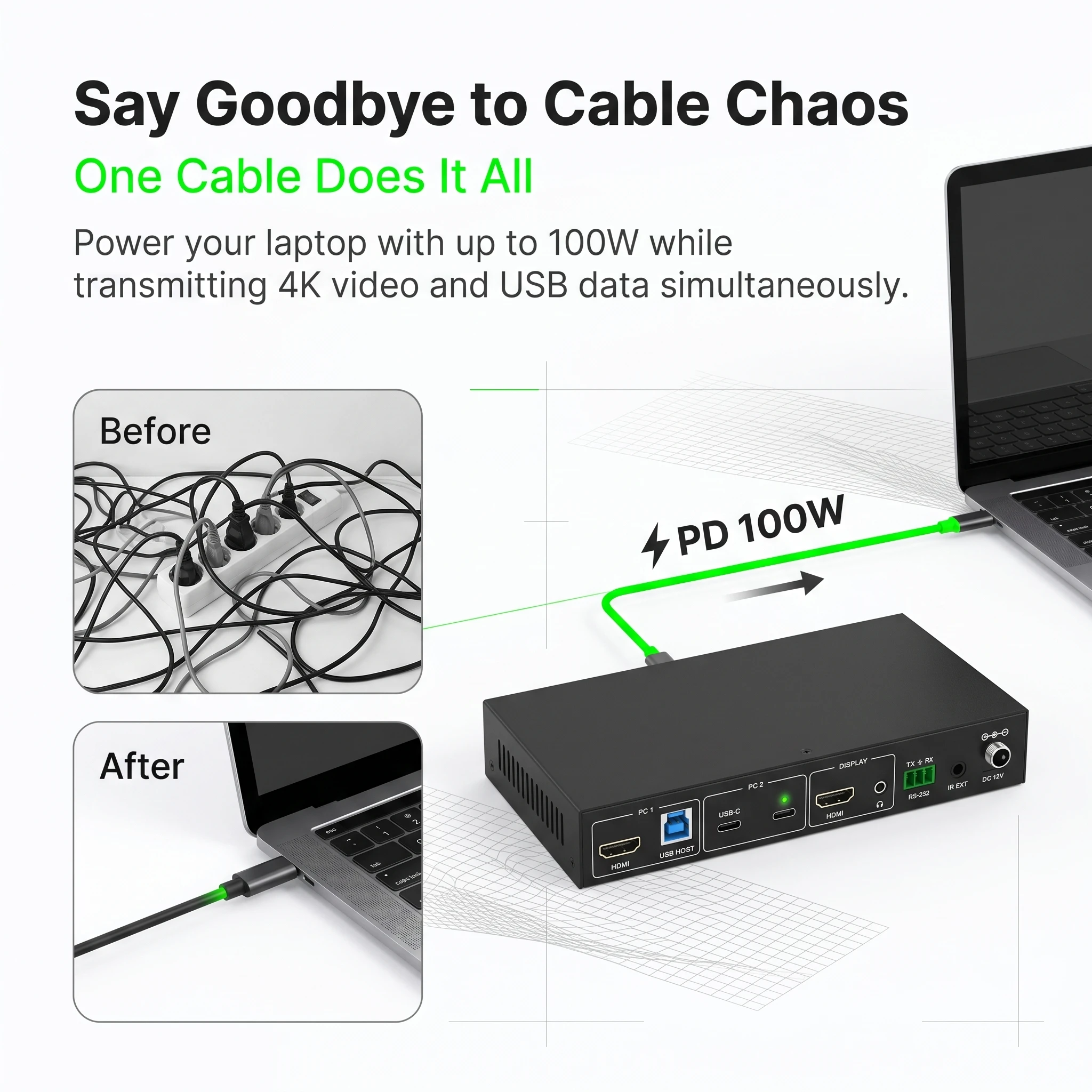 2X1 HDMI USB‑C KVM Switcher 4K@60Hz HDR PD3.0 100W Charge 5Gbps USB3.2 Gen1 Hotkey IR RS‑232 Control EDID Emulator Metal Housing