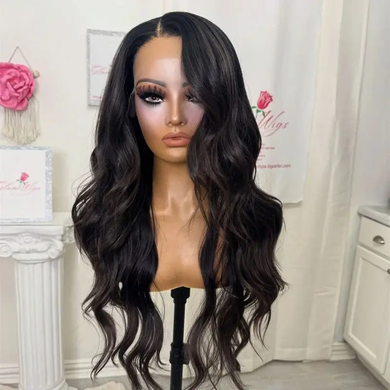 

Новый в бесклеевом парике 13x4 Dark Brunette Highlights Синтетический парик фронта шнурка Оригинальный заводской дешевый парик Натуральный длинный объемный парик