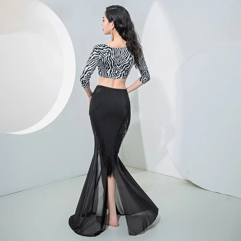 Customized Belly Dance Clothing 2025 New Practice Dress Leopard Pattern Sexy High Waist Belly Protection Tassel Practice Set