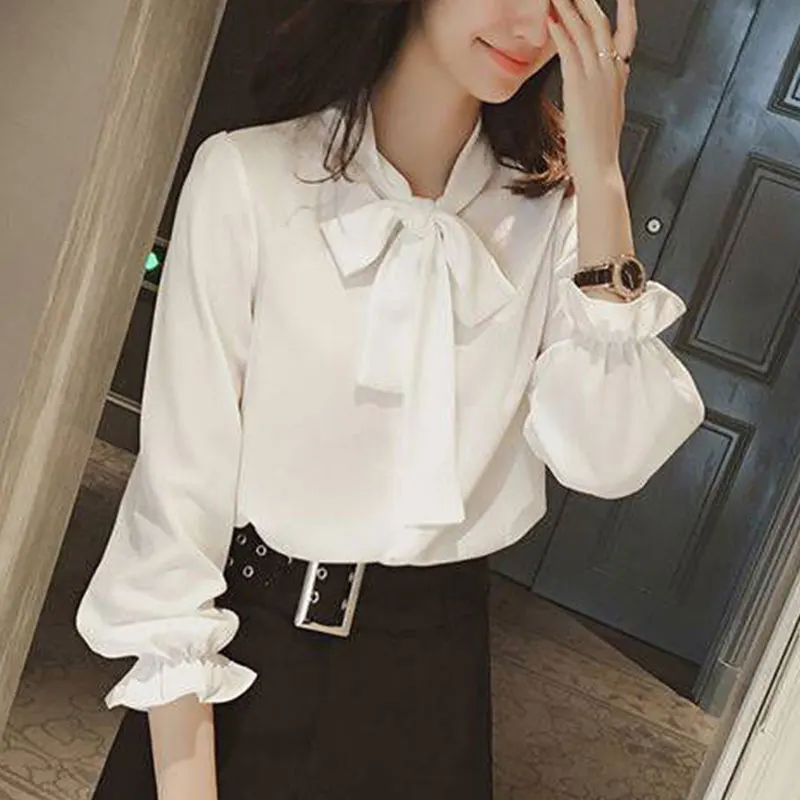 Women\'s Long Sleeve Shirts Korean Fashion Simplicity Solid Color Lacing Bow Temperament All-match Casual Loose Tops Spring