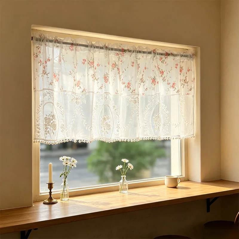 1pc Elegant Rod Pocket Decorative Half Curtain, Mirror Flower Lace Splicing Floral Sheer Curtain with Pom Pom