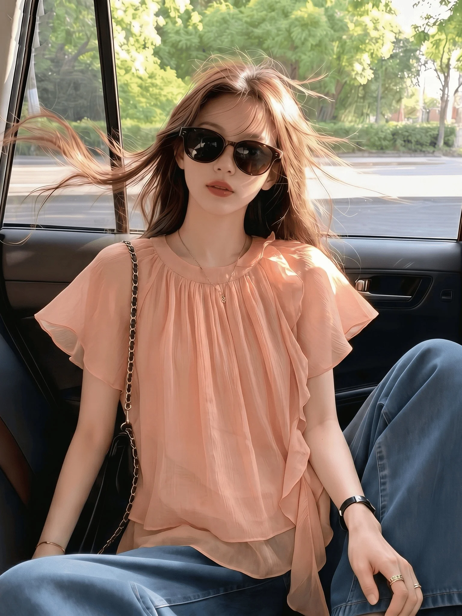 

Cherry Blossom Pink Oversized Women's Blouse Beautiful Flounce Sleeveless round Neck Short Sleeve Commute Style Korean Version