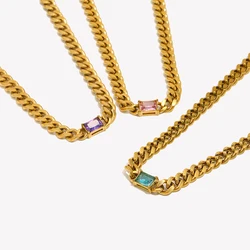 6.5mm Cuban Chain Rectangle Zircon Pendant Necklace Gold Plated Stainless Steel Chain Choker Necklaces For Woman Jewelry
