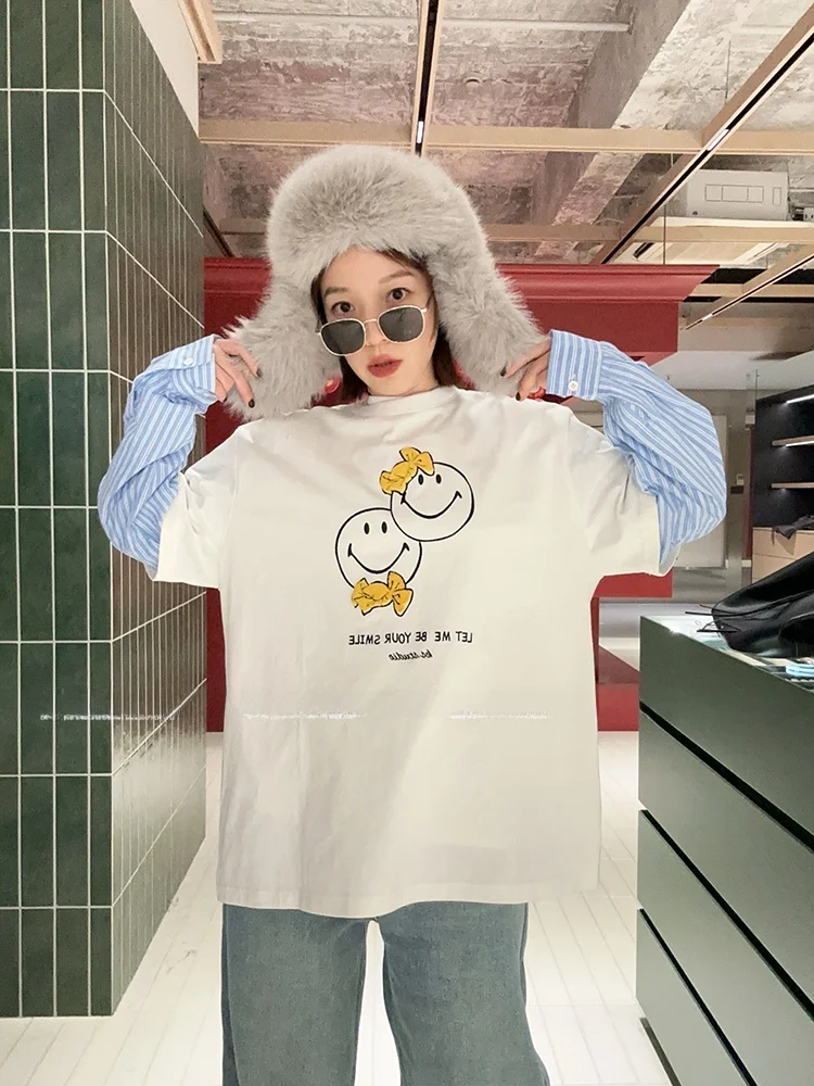 

Amazing New Double Knot Smiling Face Long Sve irt Fake Two-Piece Cotton Ladies' T-irt T2025 LH Mouth