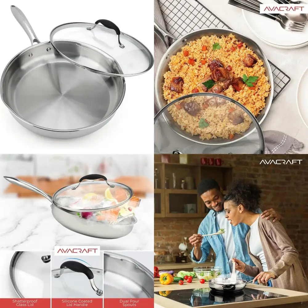 

12-Inch Stainless Steel Frying Pan with Lid and Side Spouts, Induction Compatible, Versatile Skillet for Cooking