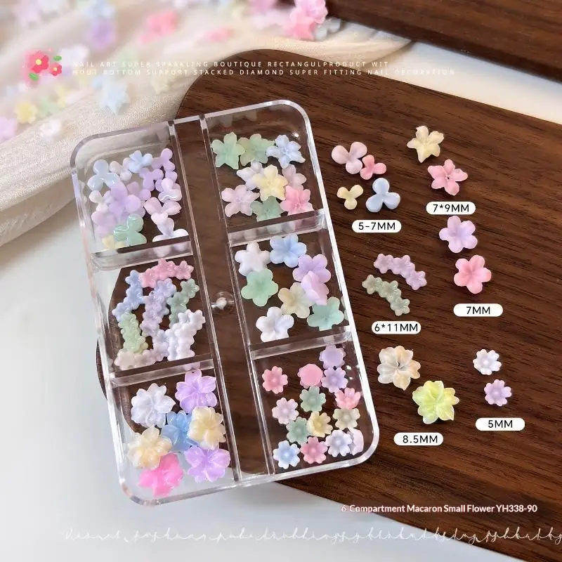 【New】Cute 3D Pastel Macaron Flower Nail Art Charms With 6 Grid Storage Box Perfect For DIY Nail Design Home Salon Use