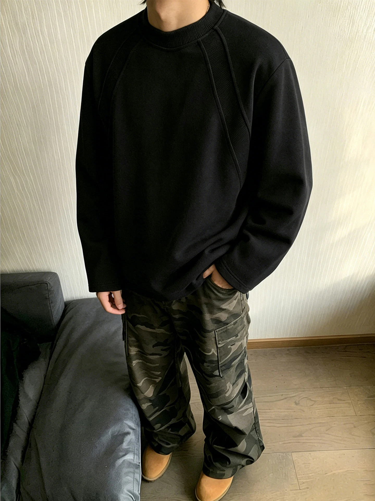 American Style Heavyweight Boxy round Neck Sweatshirt Men's Long Sleeve T-Shirt Spring Autumn High Sensation Shoulder Correct...