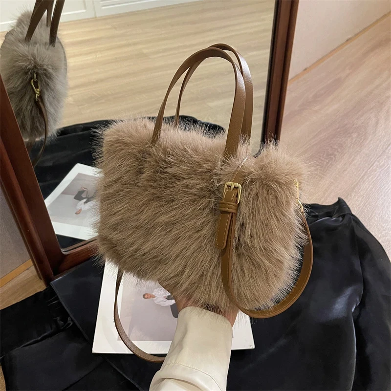 

Faux Fur Tote Bag Women's Bucket Plush Luxury Design Ladies Handbags Soft Winter Crossbody Shoulder Bags Bolsa Feminina