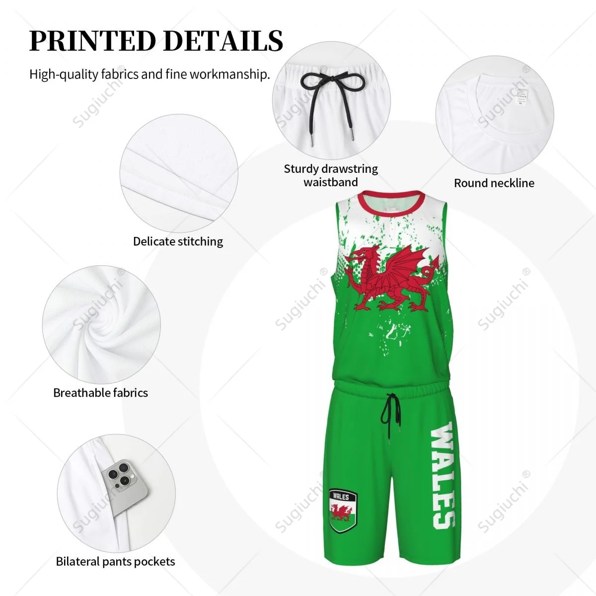 Team-Up Wales Vlag Graan Heren Basketbal Jersey Set Shirt & Broek Mouwloze Aangepaste Naam Nunber Exclusief