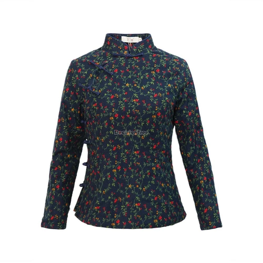 بلوزة تانغ مطبوعة من القطن على الطراز الوطني الصيني لعام 2025 سترة نسائية فضفاضة بأكمام طويلة مبطنة بالقطن شيونغسام