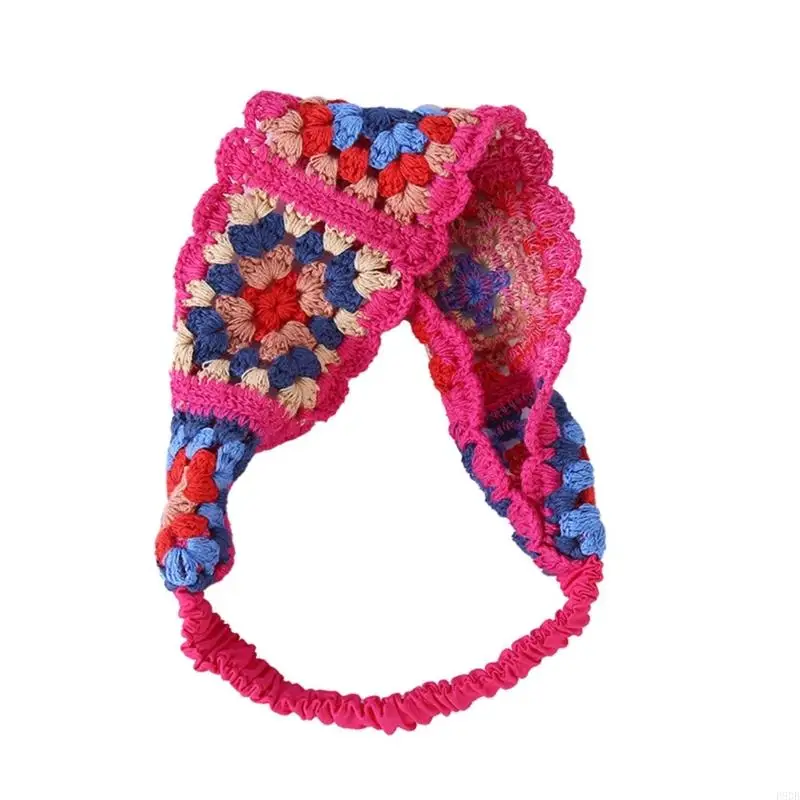 P8DB Sweet Girls Colorful Crochet Headband Summer Sunproof Camping Headwrap with Stretchy Hair Rope Teenagers Lovely Kerchief