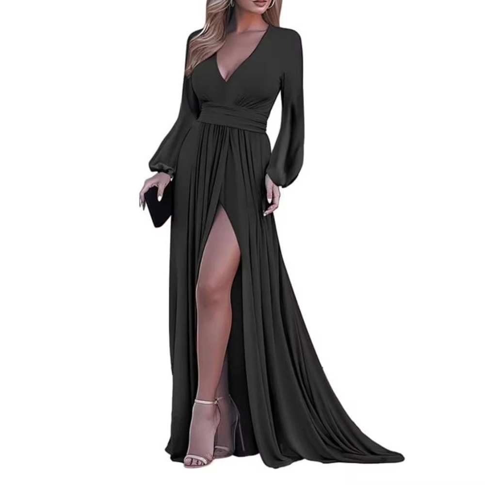 Abiti da sera con scollo a V in chiffon a maniche lunghe Abito con spacco laterale con pieghe Squisiti abiti da ballo di alta qualità per le donne personalizzati