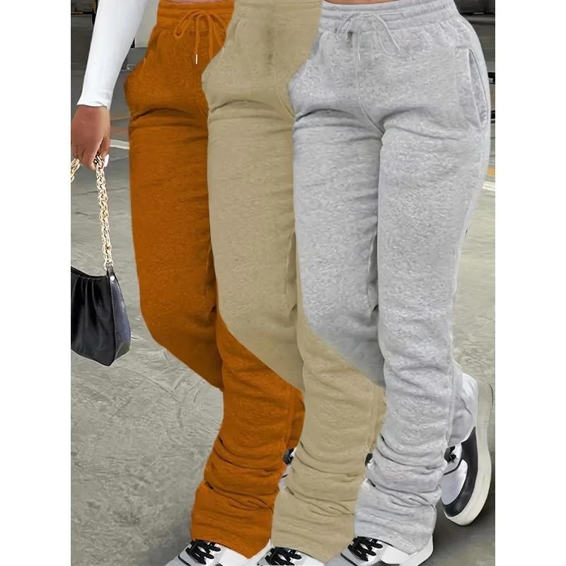 3 Pack Women's Casual Sweatpants with Pockets Color Block Comfortable Elastic Waist Wide Leg Pants for Spring Summer