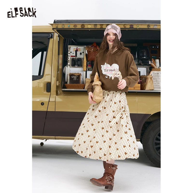 ELFSACK 2025 Autumn New Arrival Sweet Heart Check High-Waist Skirt 3D Bow Maxi Dress For Woman