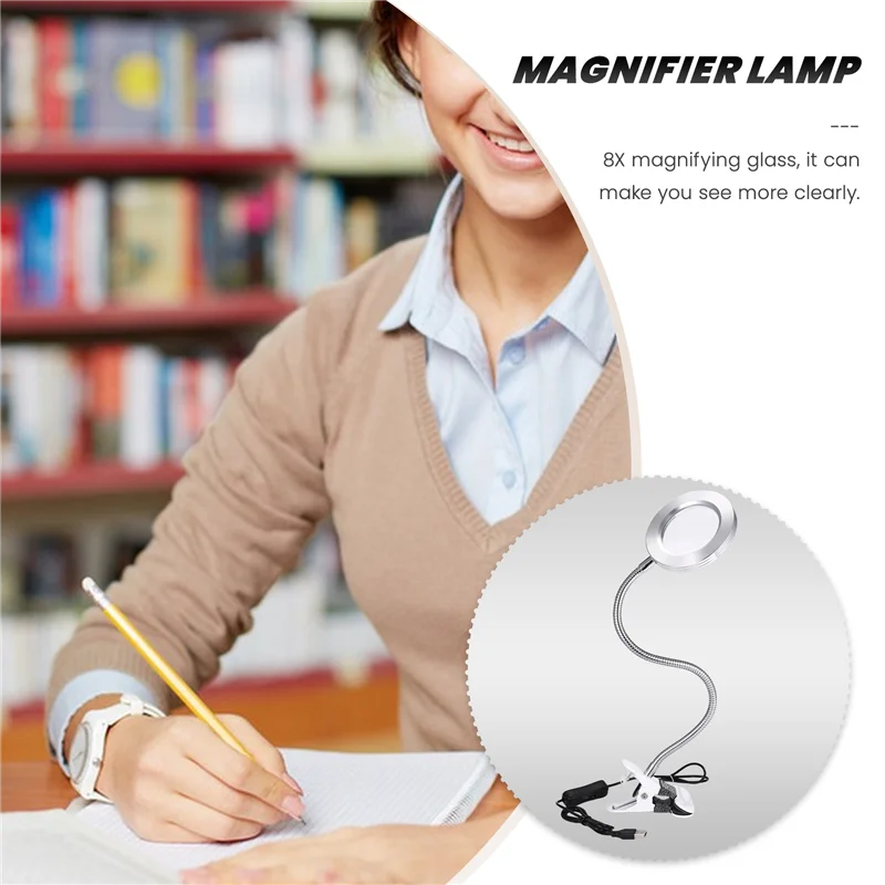 LJL Desk Table Top 8X Magnifying Glass Beauty Nail Salon Tattoo Magnifier Lamp Light