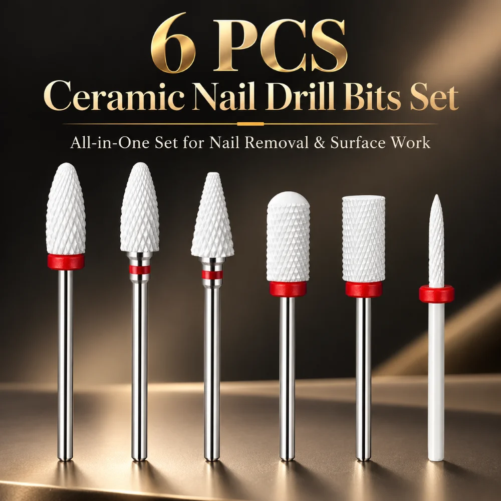6PCS Nail Drill Bit Set Fine Grit Ceramic 3/32 Inch Professional E-File Bits for Gel Polish Removal Milling Cutter for Manicure
