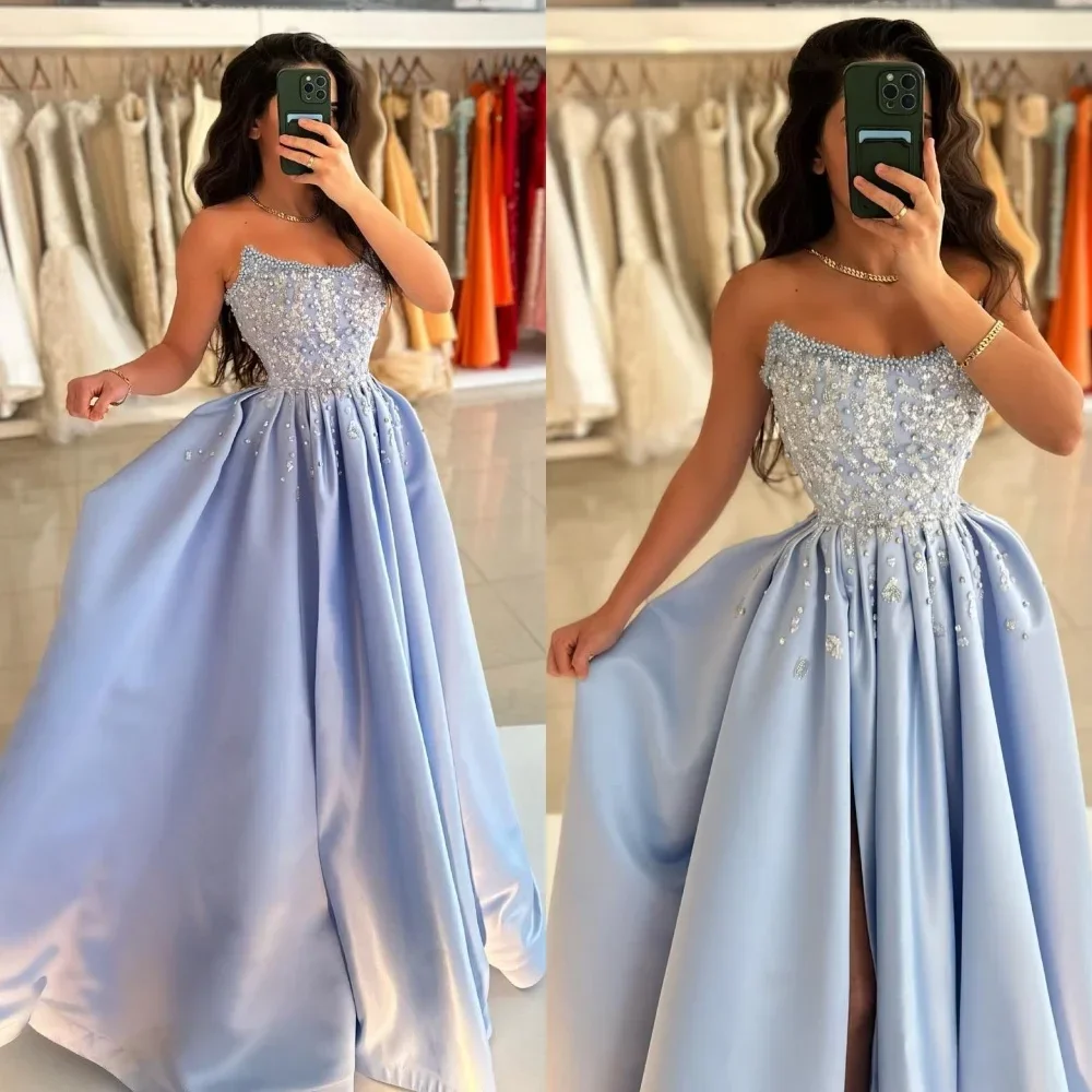 Customized Exquisite Strapless Ball Gown Sweep Dresses Beading Rhinestone Cocktail Dresses Classic