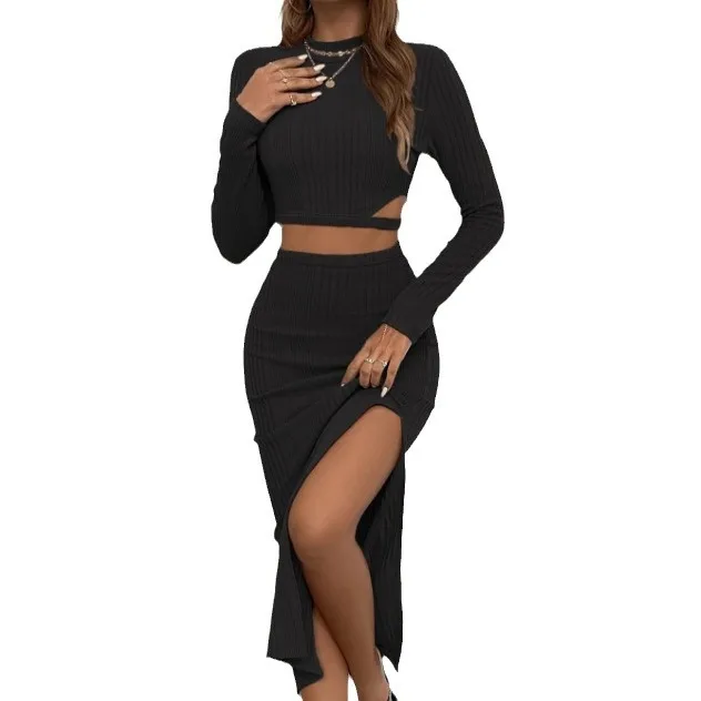 Mulheres Hollow Out Slim Slit Skirt Set, Saias Sexy, Monocromática, Bodycon, Streetwear, Festa, Clube, Ternos Chiques, Moda, Outono, Inverno