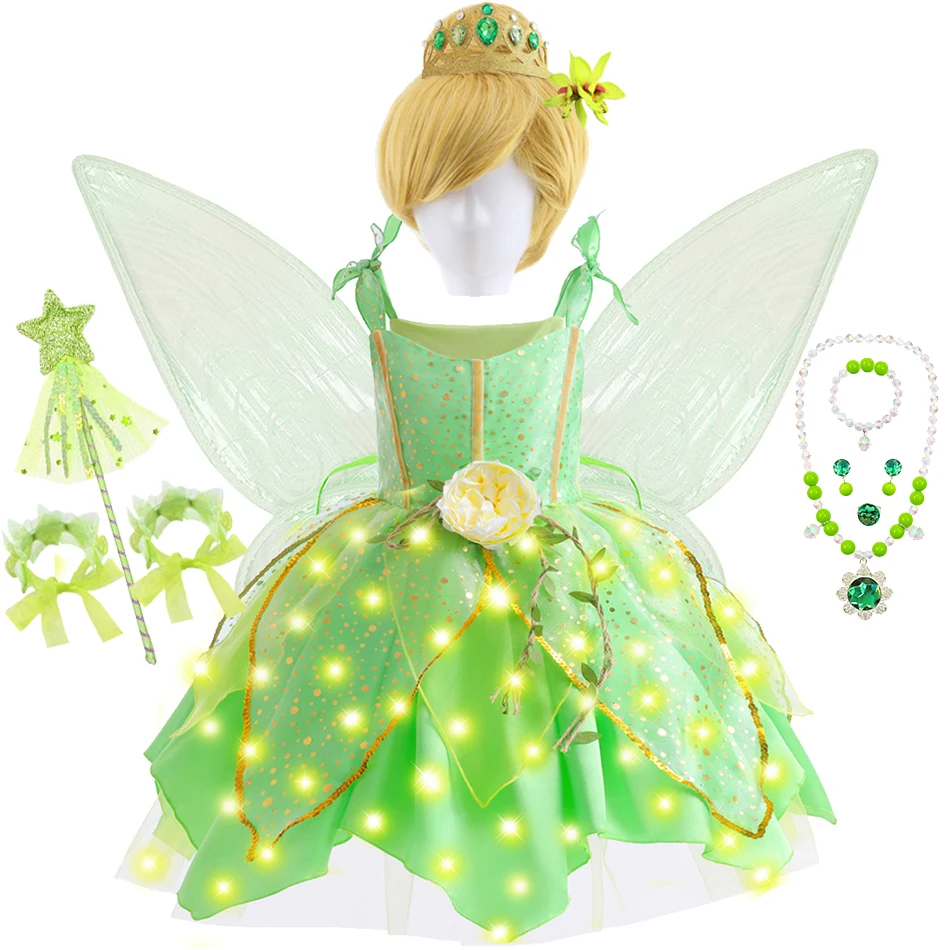 Girls Tinker Bell Dress With Wings Luxury Sequin Tinkerbell Fairy Costume Halloween Fantasy Cartoon Outfits Green Princess Dress