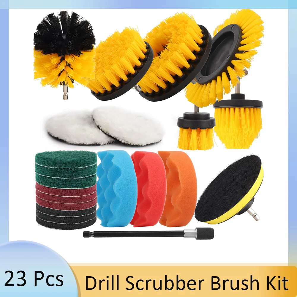 

23Pcs Drill Scrubber Cleaning Brush Kit Includes All Purpose Brush Scrub Pads&Sponge with Extend Attachment Buffing Pads for Car