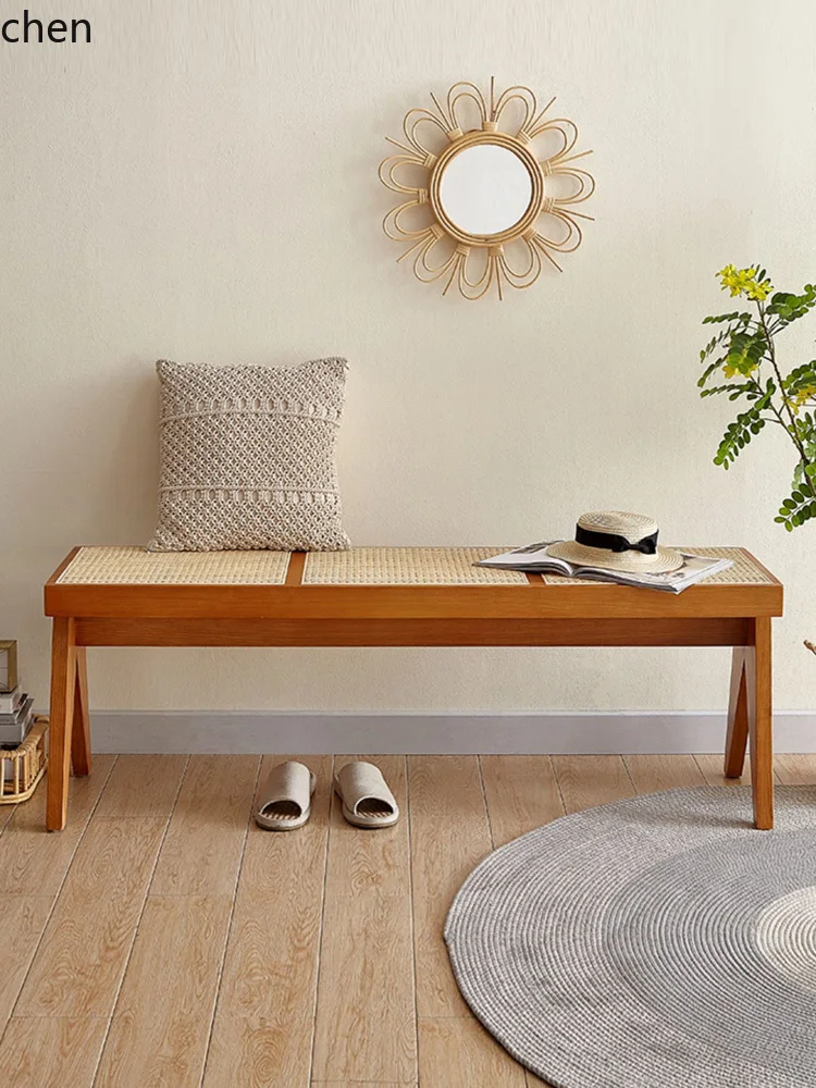 

LQC log rattan stool household solid wood strip shoe changing stool dining table