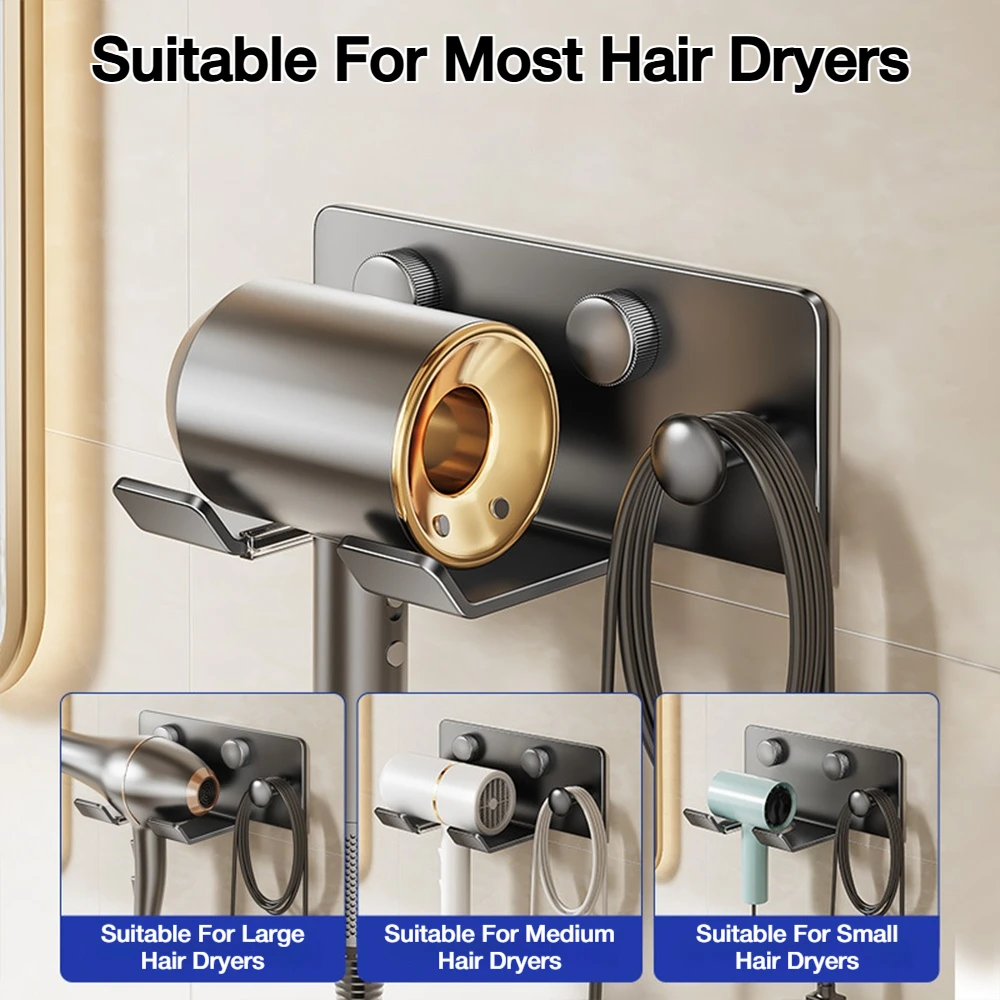 No-Drill Self Adhesive Hair Dryer Holder Grey/White Wall Mounted Organizer With Power Plug Hook & Cable Management Storage Hook