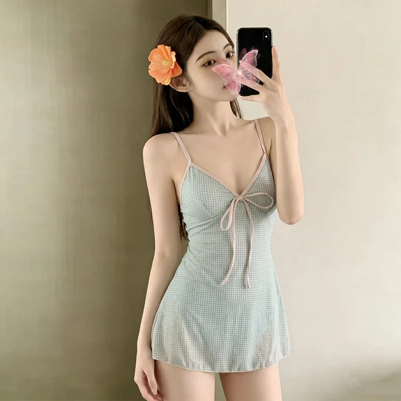 Sexy Korean fashion green plaid bow swimsuits spaghetti mini dress culottes bodysuits swimwear bathing suits tankini biquini